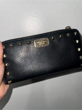 MICHAEL Michael Kors Black Pebbled Leather Zip Wallet with Gold Studs